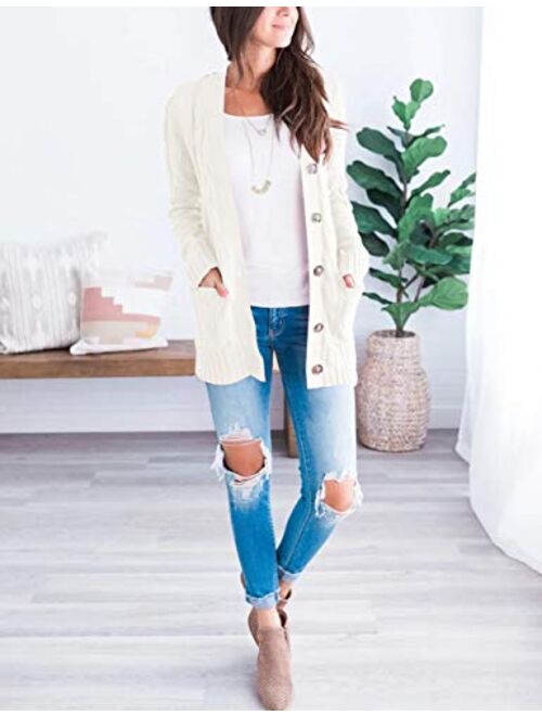 MEROKEETY Women's Long Sleeve Cable Knit Sweater Open Front Cardigan Button Loose Outerwear