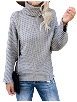 KIRUNDO 2020 Womens Turtleneck Knitted Sweater Long Sleeves Stripe Color Block Patchwork Loose Ribbed Pullover Jumper Tops