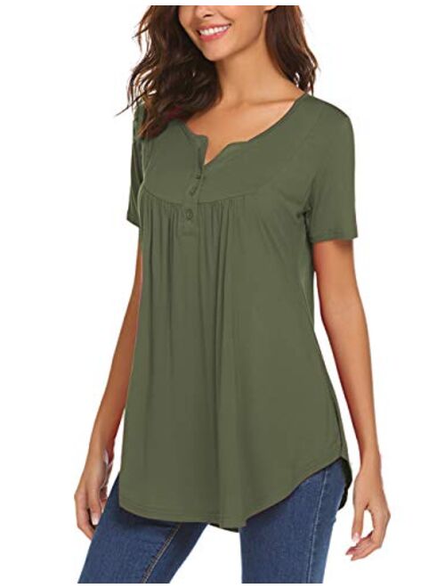 Women's Casual Long Sleeve Henley V-Neck Loose Fit Pleated Tunic Shirt Blouse Tops