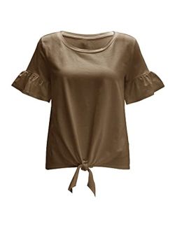 Women's Loose Ruffle Hem Short Sleeve Tie Front Knot Casual Loose Fit Tee T-Shirt