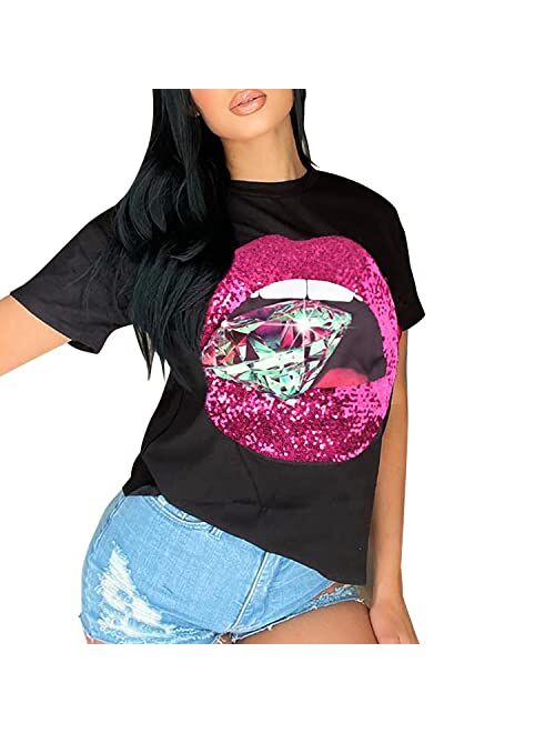 PESION Womens Short Sleeve T-Shirt Sequined Tops O-Neck Funny Graphic Tees Blouse