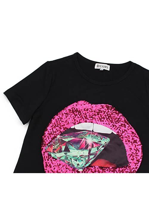 PESION Womens Short Sleeve T-Shirt Sequined Tops O-Neck Funny Graphic Tees Blouse