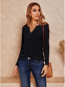 Womens V Neck Shirts Long Sleeve Waffle Knit Loose Fitting Warm Tee Tops Pullover Sweaters