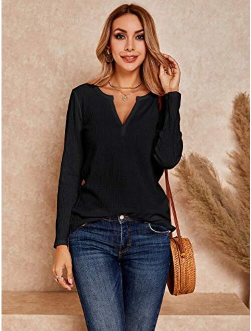 Womens V Neck Shirts Long Sleeve Waffle Knit Loose Fitting Warm Tee Tops Pullover Sweaters