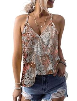 AlvaQ Women Summer V Neck Boho Floral Print Tank Tops Casual Sleeveless Shirts Camis