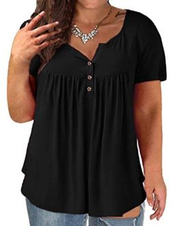 VISLILY Women's Plus Size Henley Shirt Short Sleeve Buttons Up Pleated Tunic Tops