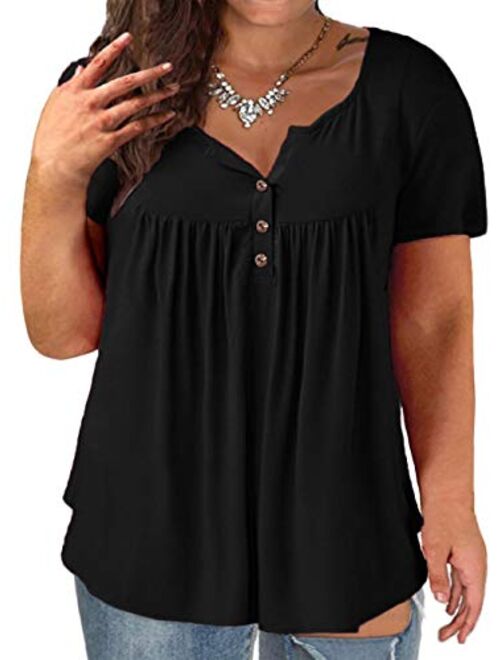 VISLILY Womens Plus Size Henley Shirt Short Sleeve Buttons Up Pleated Tunic Tops