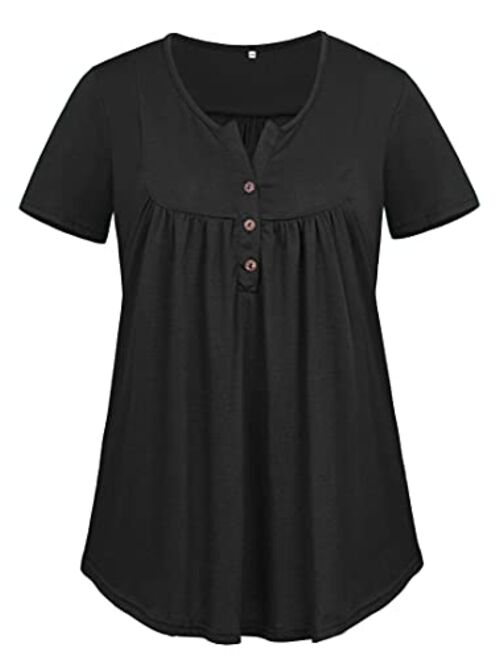 VISLILY Women's Plus Size Henley Shirt Short Sleeve Buttons Up Pleated Tunic Tops