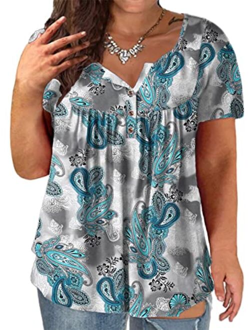 VISLILY Womens Plus Size Henley Shirt Short Sleeve Buttons Up Pleated Tunic Tops