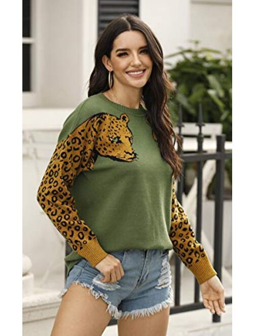 Angashion Women's Sweaters Casual Leopard Printed Patchwork Long Sleeves Knitted Pullover Cropped Sweater Tops
