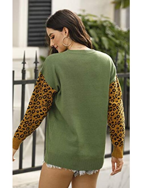 Angashion Women's Sweaters Casual Leopard Printed Patchwork Long Sleeves Knitted Pullover Cropped Sweater Tops