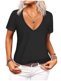 Beyove Women's Deep V T-Shirt Summer Short Sleeve Loose Casual Top(S-XXL)