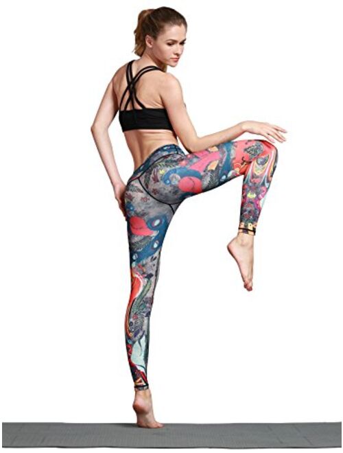 MUMUWU Women Yoga Pants High Waist Sport Workout Running Power Flex Yoga Leggings Printed