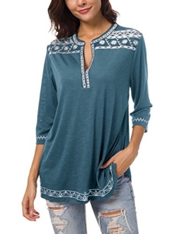 Women's 3/4 Sleeve Boho Shirts Embroidered Peasant Top