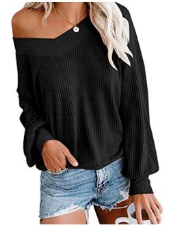 Tobrief Women's V Neck Long Sleeve Waffle Knit Tops Off Shoulder Oversized Pullover Sweater