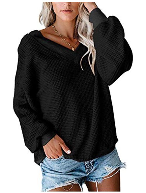 Tobrief Women's V Neck Long Sleeve Waffle Knit Tops Off Shoulder Oversized Pullover Sweater