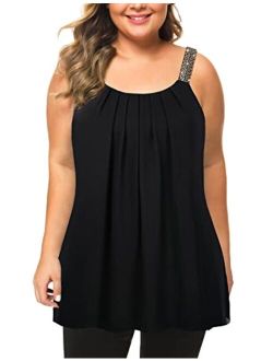 MANER Women's Plus Size Cami Casual Pleated Chiffon Tank Top with Beaded Strap