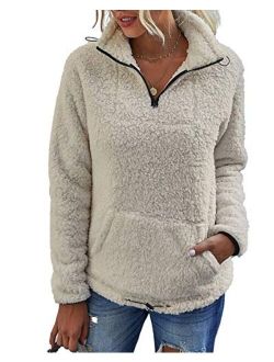Women's Long Sleeve Pullover Sherpa Fleece Pile Sweatshirt Zip Tops Color Block with Pocket