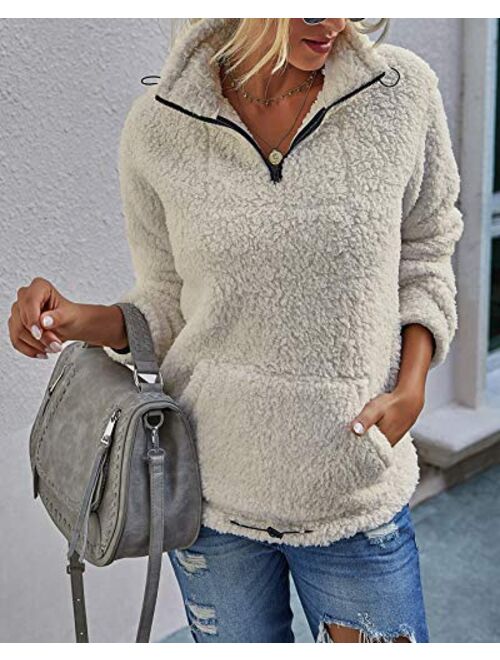 Women's Long Sleeve Pullover Sherpa Fleece Pile Sweatshirt Zip Tops Color Block with Pocket