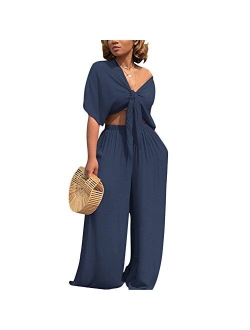 Women's 2 Piece Jumpsuit Ruched Sleeveless Crop Top Ruffle Wide Leg Pant Set Romper Outfit