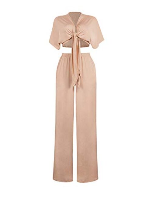 Aro Lora Womens 2 Piece Jumpsuit Ruched Sleeveless Crop Top Ruffle Wide Leg Pant Set Romper Outfit