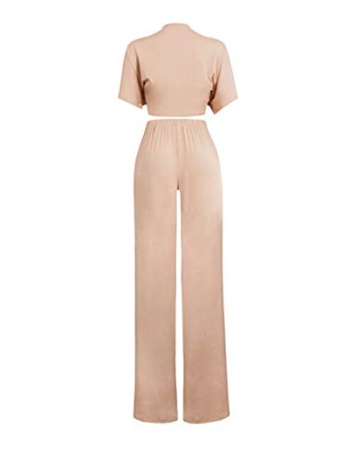 Aro Lora Women's 2 Piece Jumpsuit Ruched Sleeveless Crop Top Ruffle Wide Leg Pant Set Romper Outfit