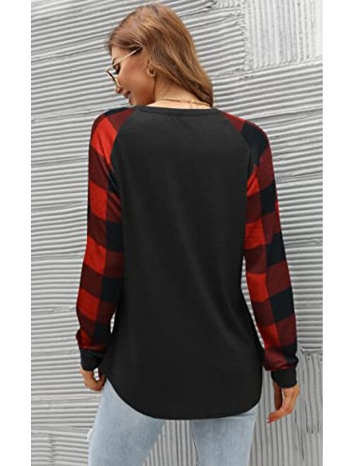 Aifer Womens Buffalo Plaid Shirts Round Neck Pattern Raglan Pullover Casual Long Sleeve Tops