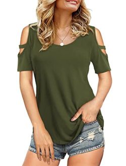Florboom Womens Cold Shoulder Top Basic T Shirts 3/4 Sleeve Casual Blouse Tshirts