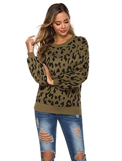 Hirate Women Knit Sweater Puff Long Sleeve Sweater Crewneck Cardigan Loose fit Pullover Leopard Sweater