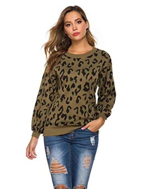 Hirate Women Knit Sweater Puff Long Sleeve Sweater Crewneck Cardigan Loose fit Pullover Leopard Sweater