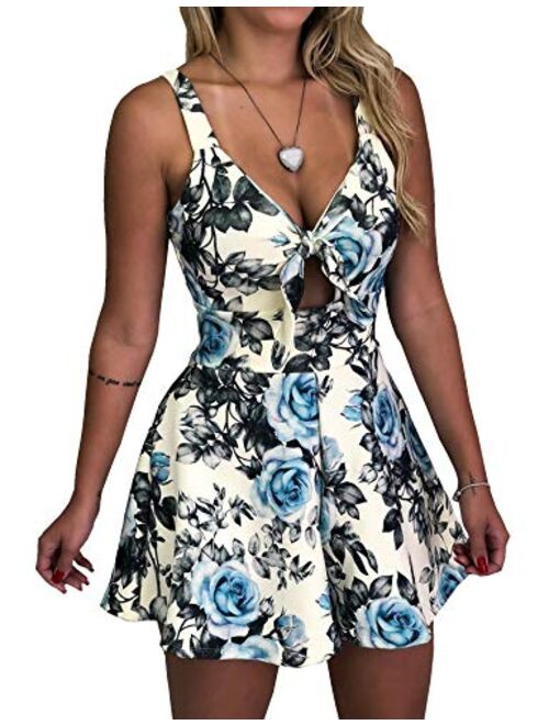 Relipop Women's Jumpsuits Floral Print Spaghetti Straps Sleeveless V Neck Front Tie Knot Rompers