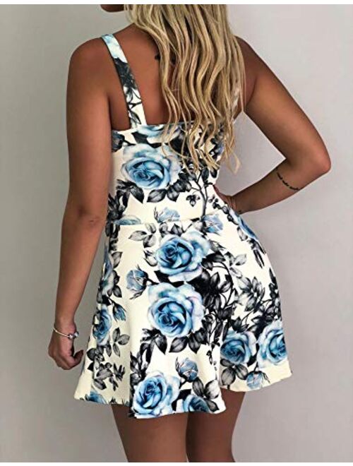 Relipop Women's Jumpsuits Floral Print Spaghetti Straps Sleeveless V Neck Front Tie Knot Rompers