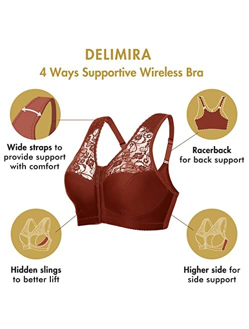 DELIMIRA Women's Full Coverage Wirefree Lace Plus Size Front Closure Bra Racerback