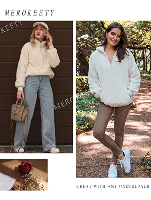 MEROKEETY Women's Long Sleeve Sherpa Fleece Knit Sweater Side Slit Pullover Outwears