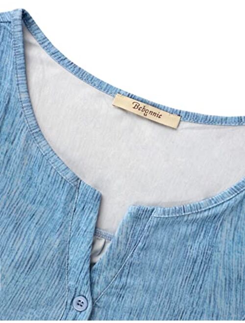Bebonnie Women's Vintage Short Sleeve V Neck Pleated Tunic Shirt