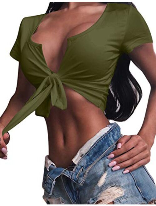 BORIFLORS Women's Sexy Tie Up Crop Top Short Sleeve Deep V Neck Casual Basic T Shirt