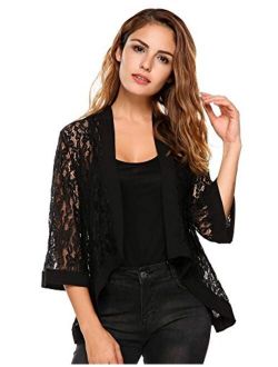 Zeagoo Women's Casual Lace Crochet Cardigan 3 4 Sleeve Sheer Cover Up Jacket Plus Size