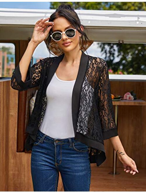 Zeagoo Women's Casual Lace Crochet Cardigan 3 4 Sleeve Sheer Cover Up Jacket Plus Size