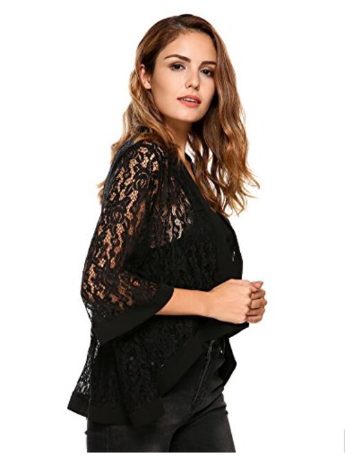 Zeagoo Women's Casual Lace Crochet Cardigan 3 4 Sleeve Sheer Cover Up Jacket Plus Size