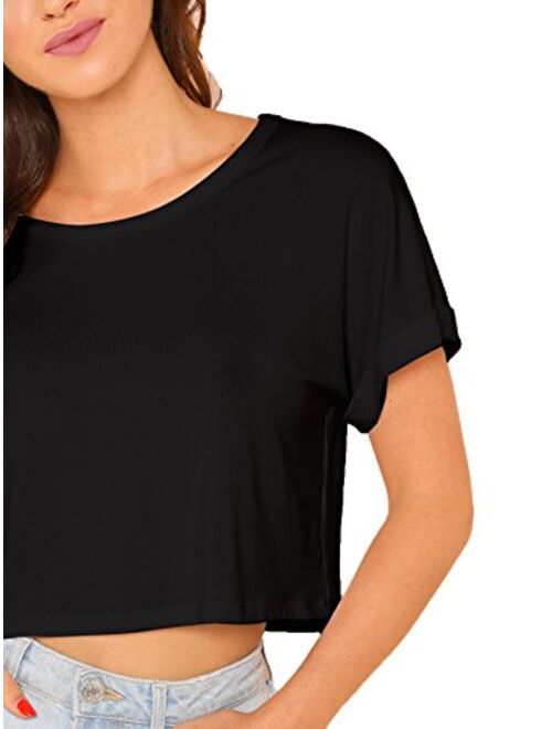 SweatyRocks Women's Casual Round Neck Short Sleeve Soild Basic Crop Top T-Shirt