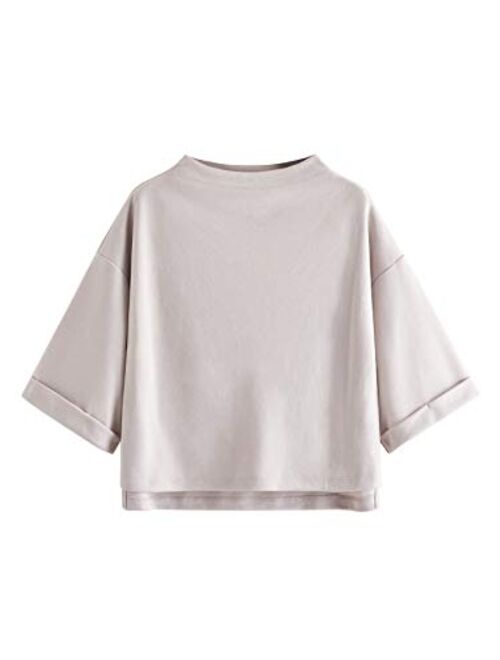 SweatyRocks Women's 3/4 Sleeve Mock Neck Basic Loose T-Shirt Elegant Top