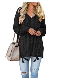 Womens Pullover Sweaters Plus Size Cable Knit V Neck Lace Up Long Sleeve Fall Jumper Tops