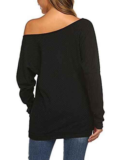 Qearal Womens Off Shoulder Loose Pullover Sweater Batwing Sleeve Knit Jumper Oversized Tunic Tops