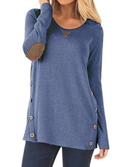 NICIAS Womens Side Buttons Long Sleeve Casual Crew Neck Elbow Patched Tunic Tops Loose T Shirt Blouses