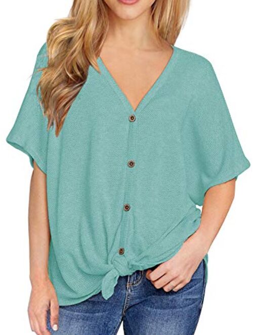 IWOLLENCE Womens Loose Henley Blouse Bat Wing Short Sleeve Button Down T Shirts Tie Front Knot Tops