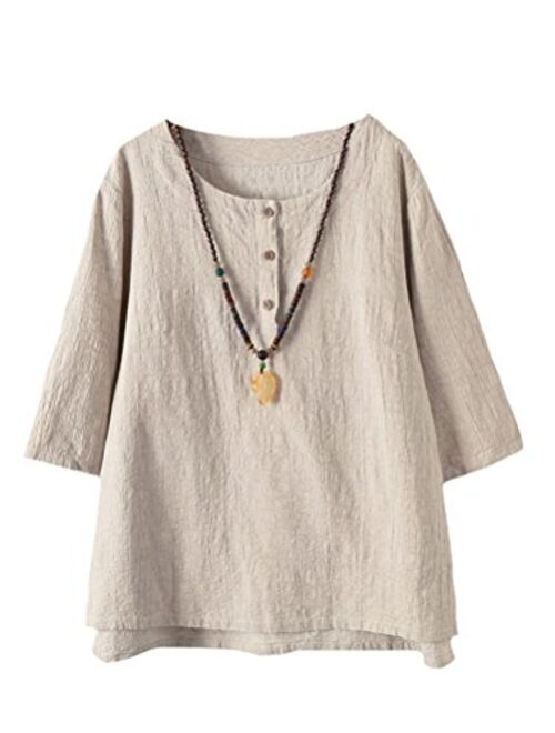 Minibee Women's 3/4 Sleeve Cotton Linen Jacquard Blouses Top T-Shirt