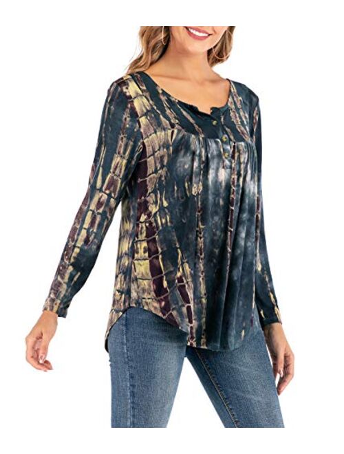 AMCLOS Womens Floral Tie-Dye Tops V Neck T-Shirts Button up Tunic Casual Flowy Swing Ruffle Blouses Loose Long Sleeve