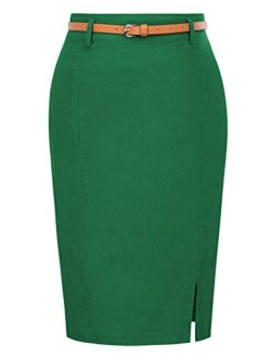 Women's Bodycon Pencil Skirt with Blet Solid Color Hip-Wrapped