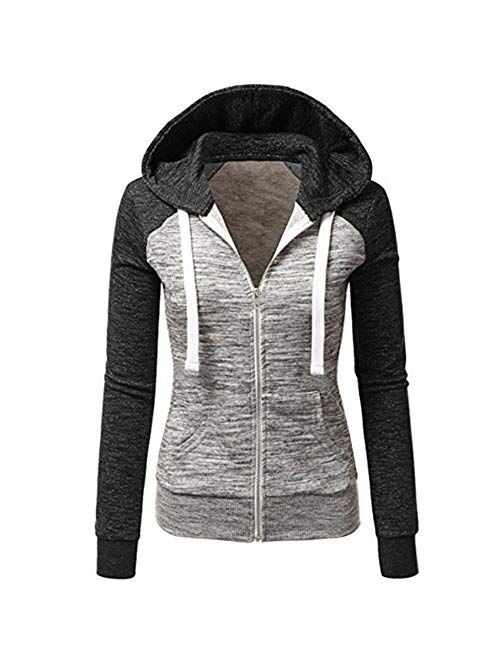 Newbestyle Women's Casual Color Block Zip Up Hoodie Jacket with Pocket