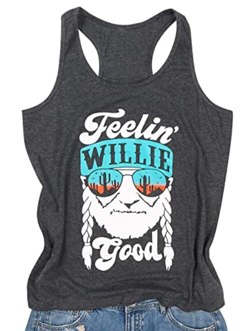 MOUSYA Women Tank Top Feelin' Willie Good Letter Printed Shirt Funny Graphic Tee Summer Casual Sleeveless Vest Tops 